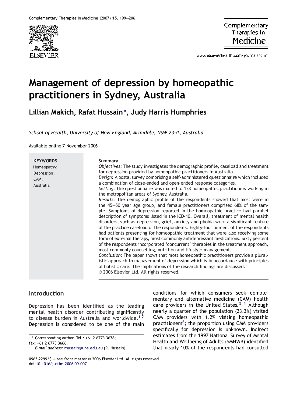 Management of depression by homeopathic practitioners in Sydney, Australia