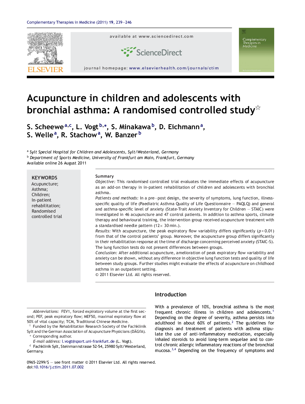 Acupuncture in children and adolescents with bronchial asthma: A randomised controlled study 