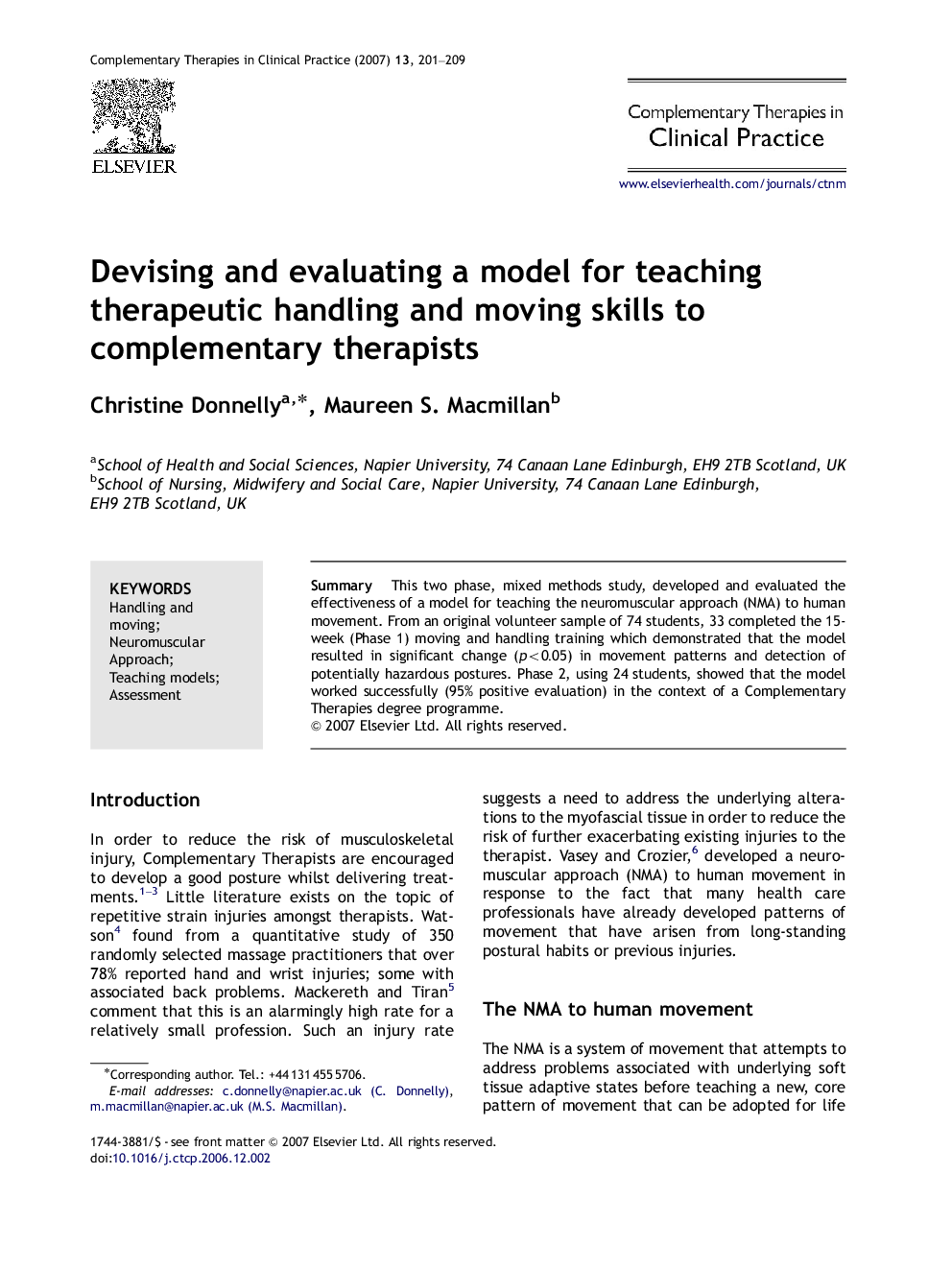 Devising and evaluating a model for teaching therapeutic handling and moving skills to complementary therapists