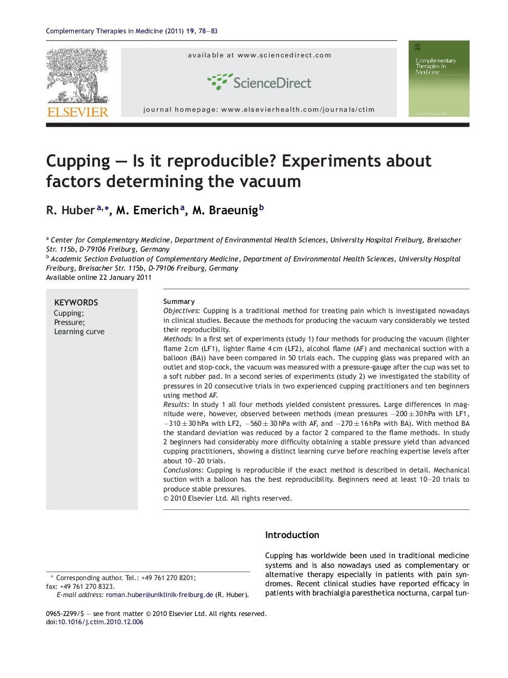 Cupping – Is it reproducible? Experiments about factors determining the vacuum