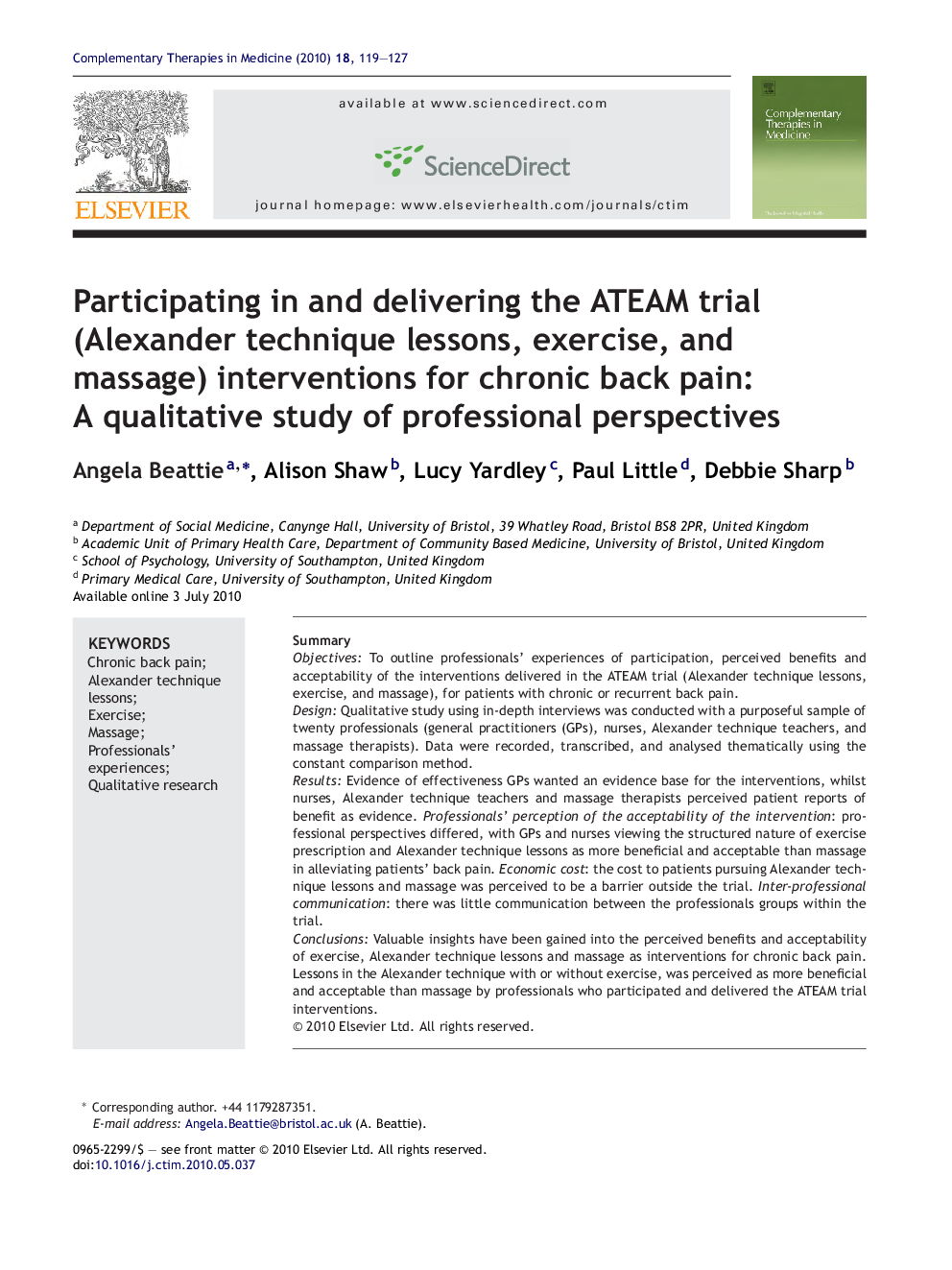 Participating in and delivering the ATEAM trial (Alexander technique lessons, exercise, and massage) interventions for chronic back pain: A qualitative study of professional perspectives