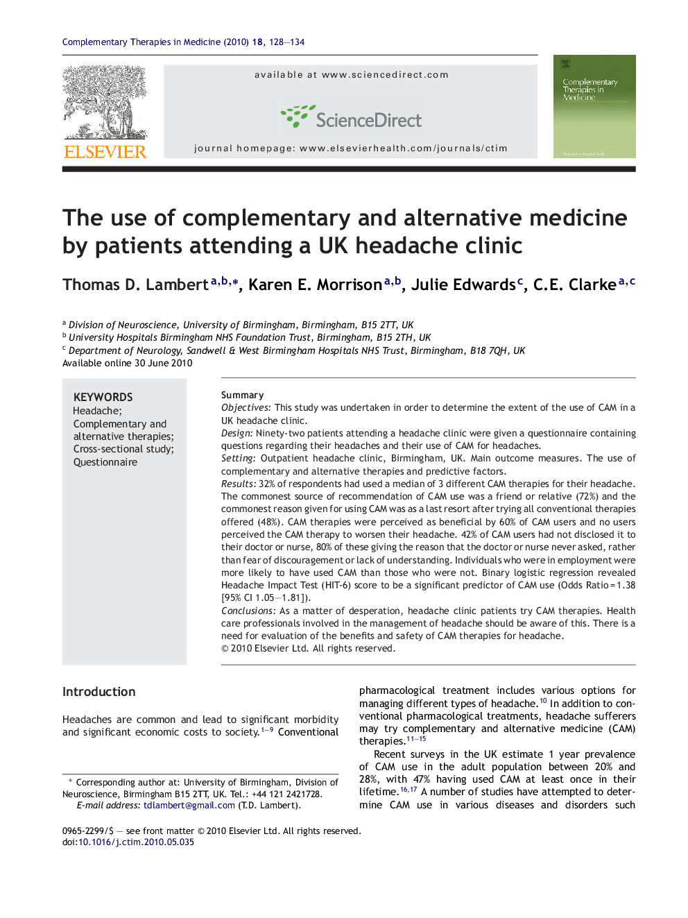 The use of complementary and alternative medicine by patients attending a UK headache clinic