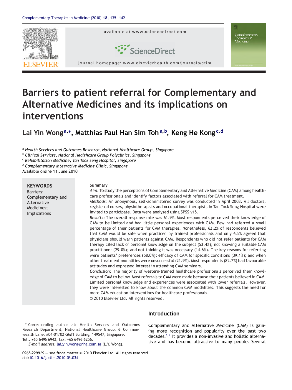 Barriers to patient referral for Complementary and Alternative Medicines and its implications on interventions