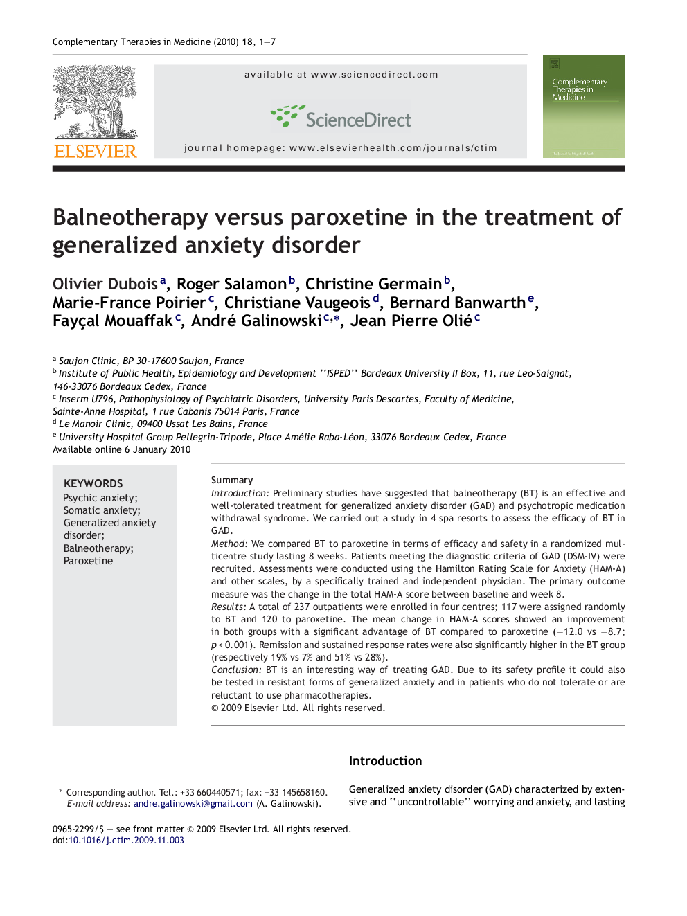 Balneotherapy versus paroxetine in the treatment of generalized anxiety disorder