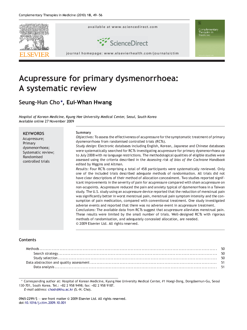 Acupressure for primary dysmenorrhoea: A systematic review