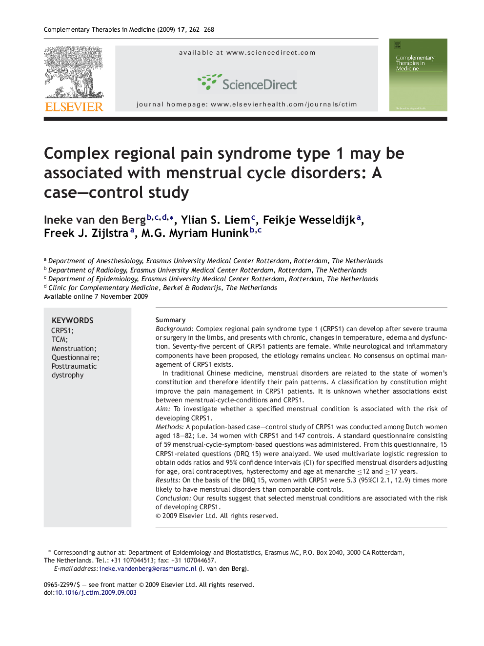 Complex regional pain syndrome type 1 may be associated with menstrual cycle disorders: A case–control study