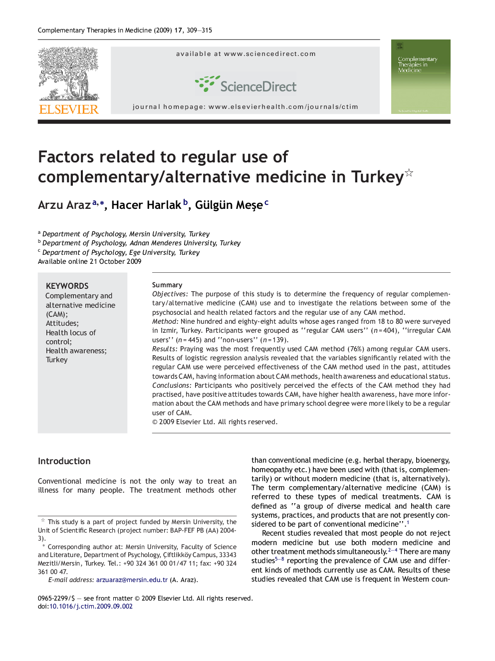 Factors related to regular use of complementary/alternative medicine in Turkey 