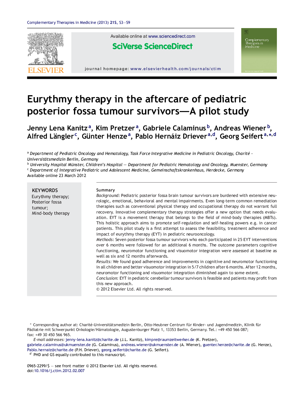 Eurythmy therapy in the aftercare of pediatric posterior fossa tumour survivors—A pilot study