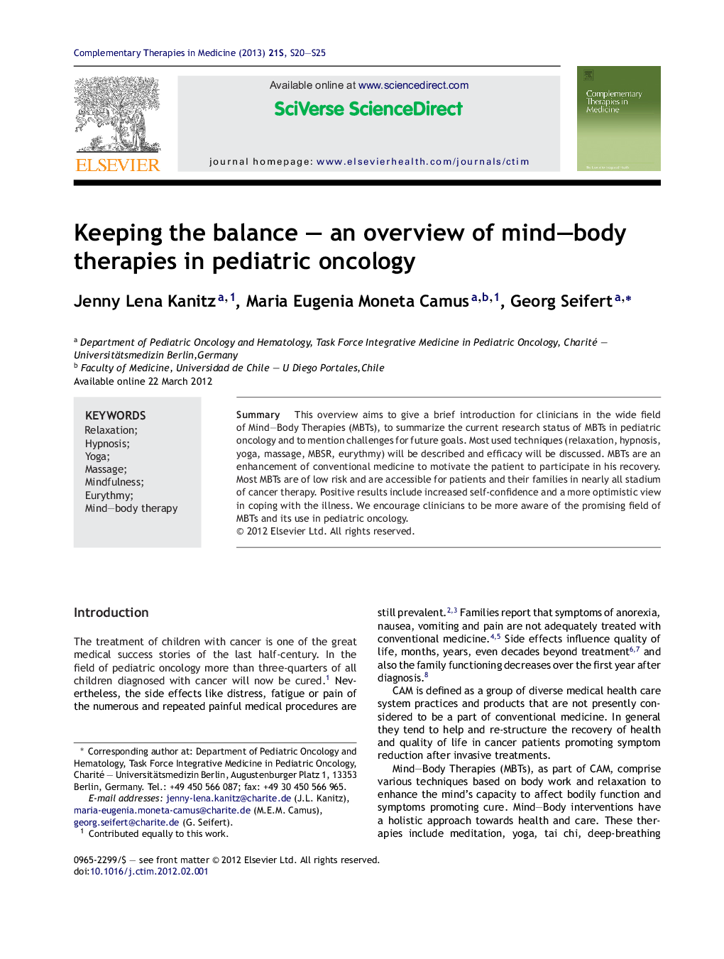 Keeping the balance – an overview of mind–body therapies in pediatric oncology