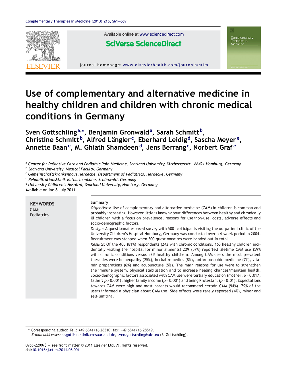 Use of complementary and alternative medicine in healthy children and children with chronic medical conditions in Germany