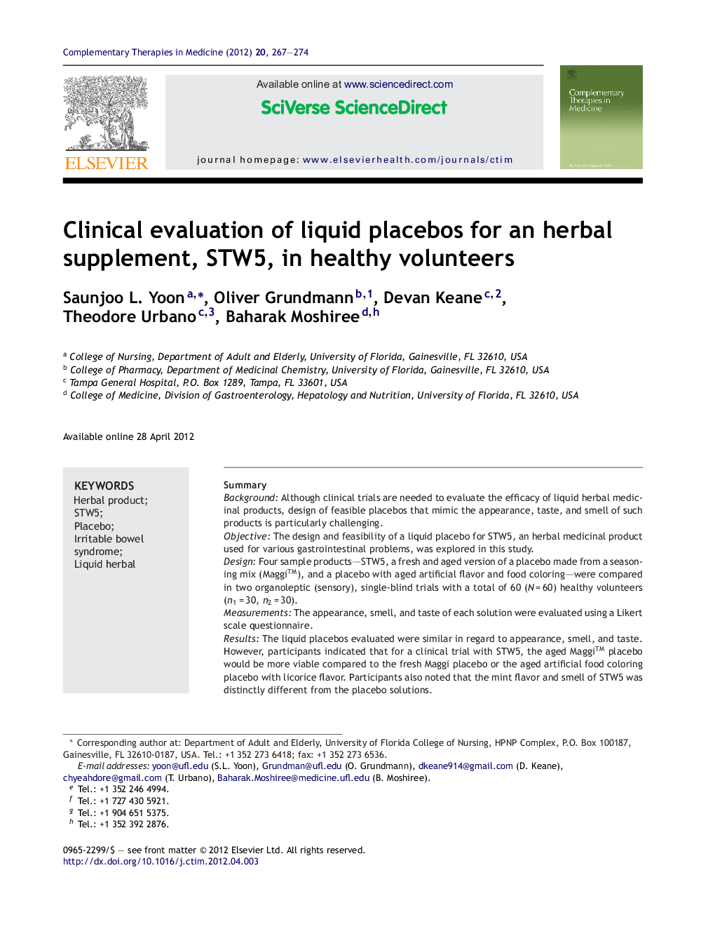 Clinical evaluation of liquid placebos for an herbal supplement, STW5, in healthy volunteers