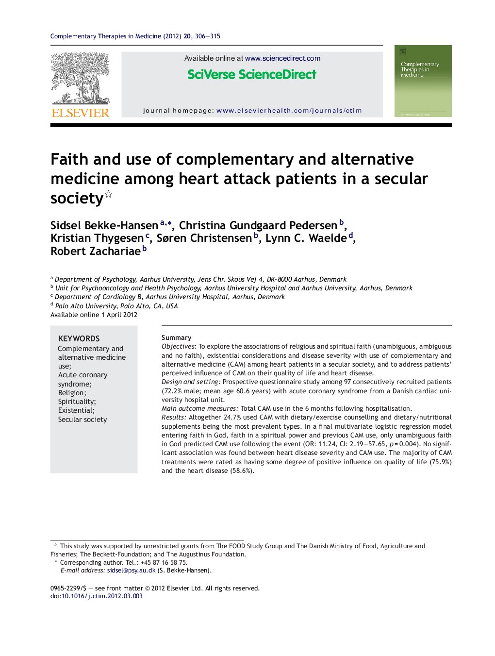 Faith and use of complementary and alternative medicine among heart attack patients in a secular society 