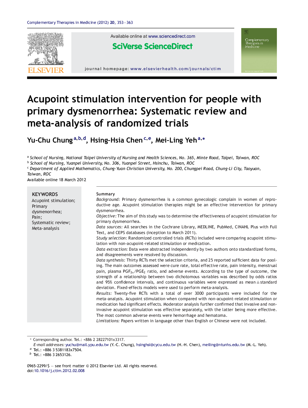 Acupoint stimulation intervention for people with primary dysmenorrhea: Systematic review and meta-analysis of randomized trials