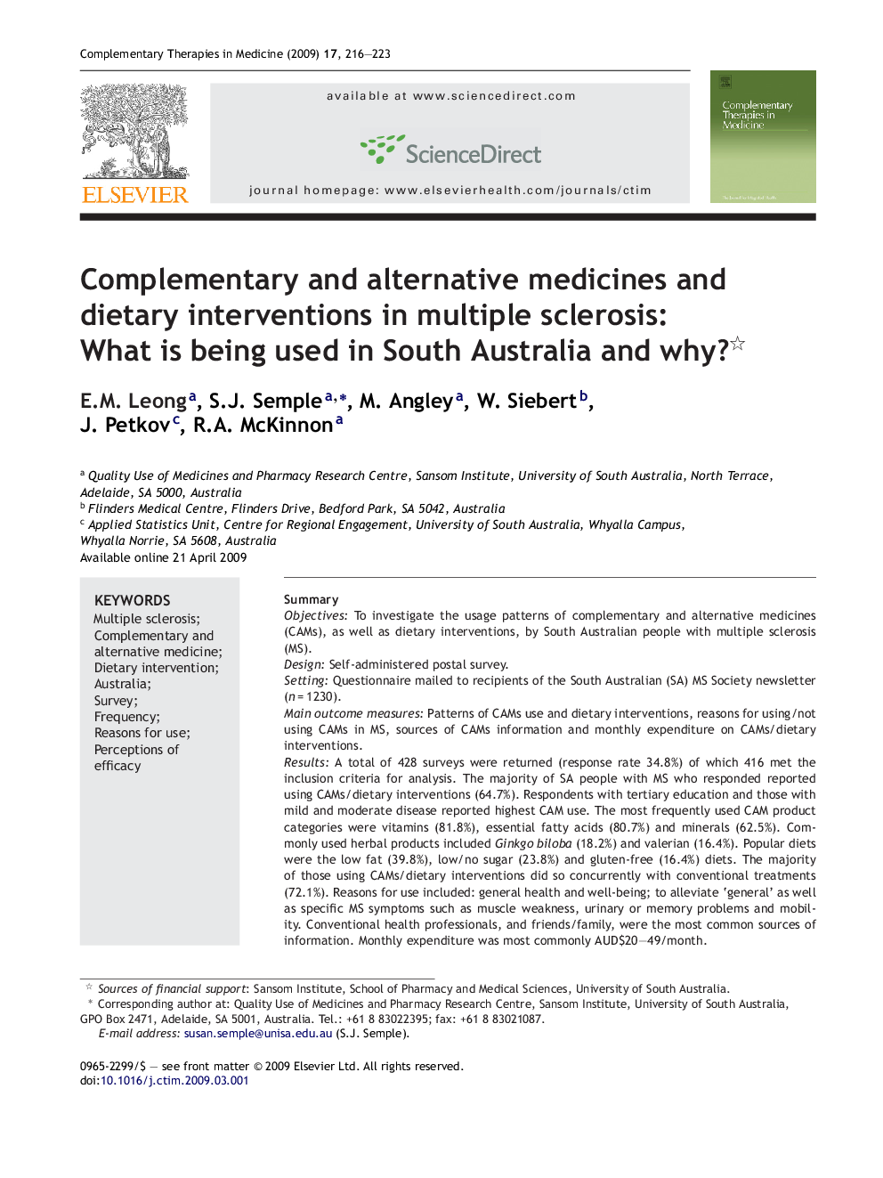 Complementary and alternative medicines and dietary interventions in multiple sclerosis: What is being used in South Australia and why? 