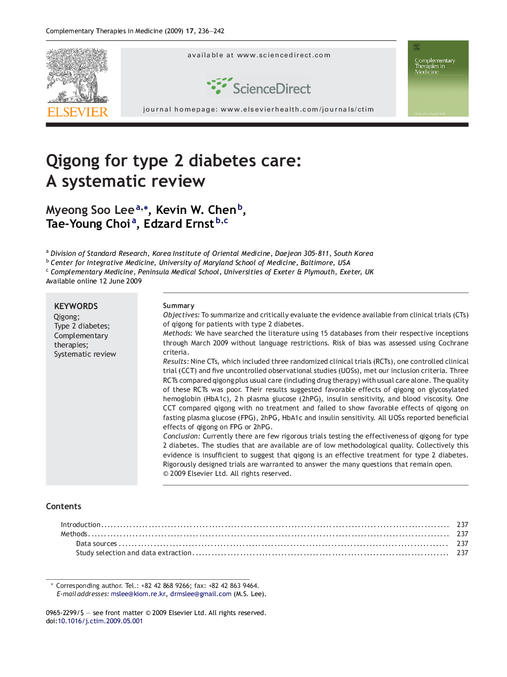 Qigong for type 2 diabetes care: A systematic review