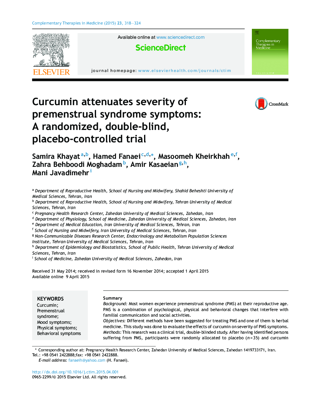 Curcumin attenuates severity of premenstrual syndrome symptoms: A randomized, double-blind, placebo-controlled trial