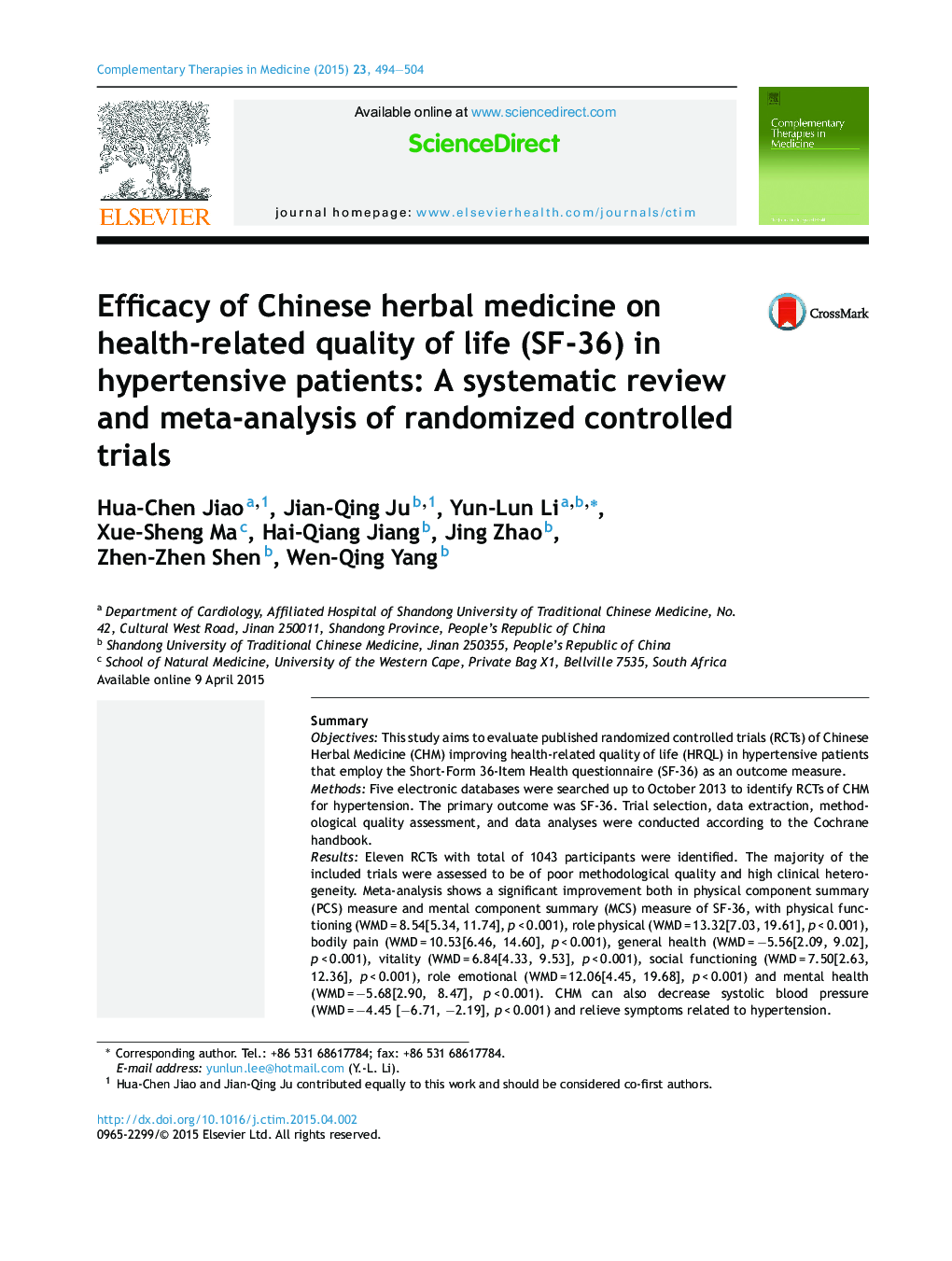 Efficacy of Chinese herbal medicine on health-related quality of life (SF-36) in hypertensive patients: A systematic review and meta-analysis of randomized controlled trials