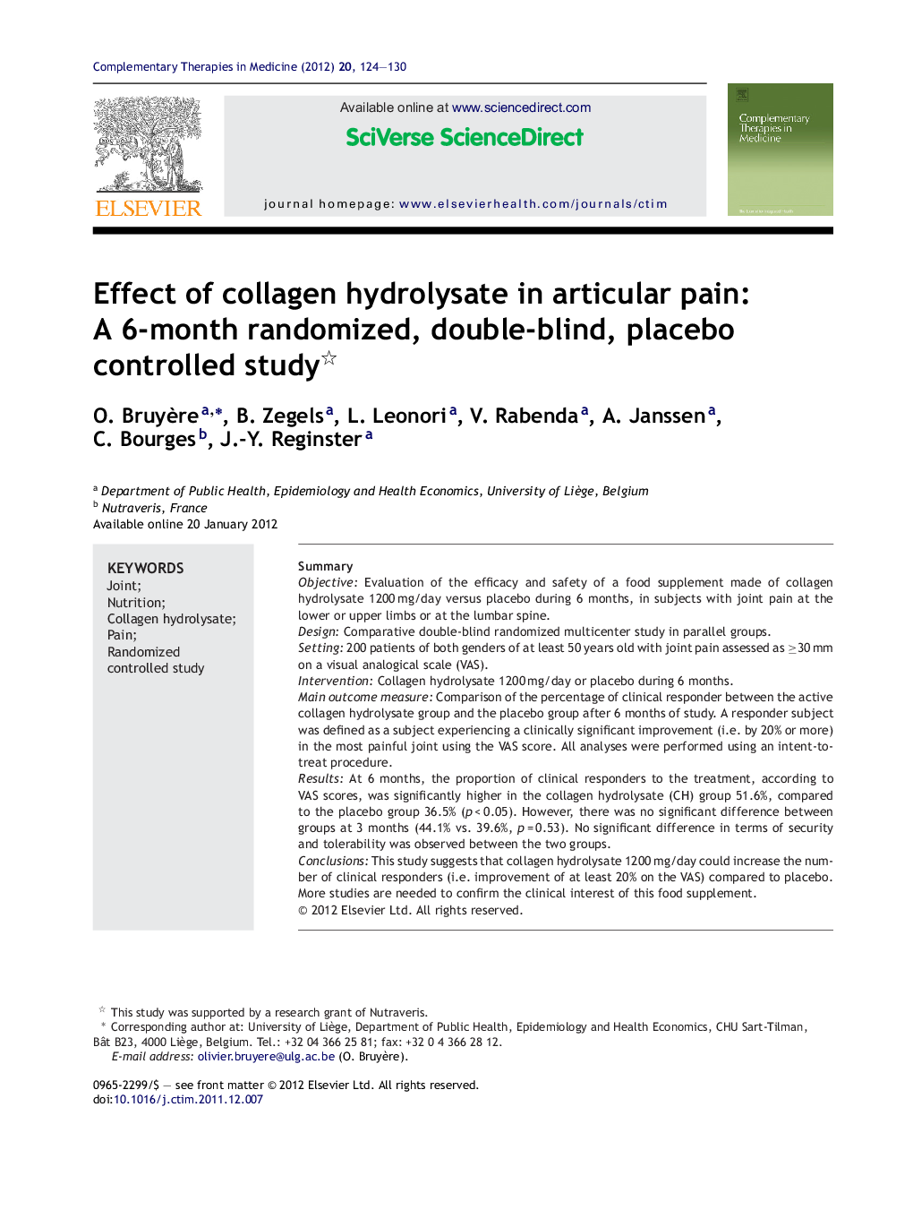 Effect of collagen hydrolysate in articular pain: A 6-month randomized, double-blind, placebo controlled study 