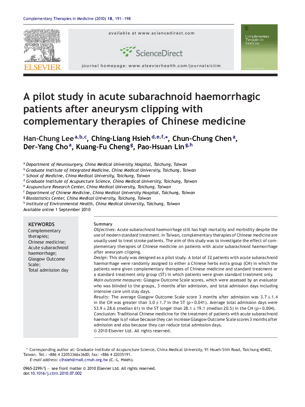 A pilot study in acute subarachnoid haemorrhagic patients after aneurysm clipping with complementary therapies of Chinese medicine