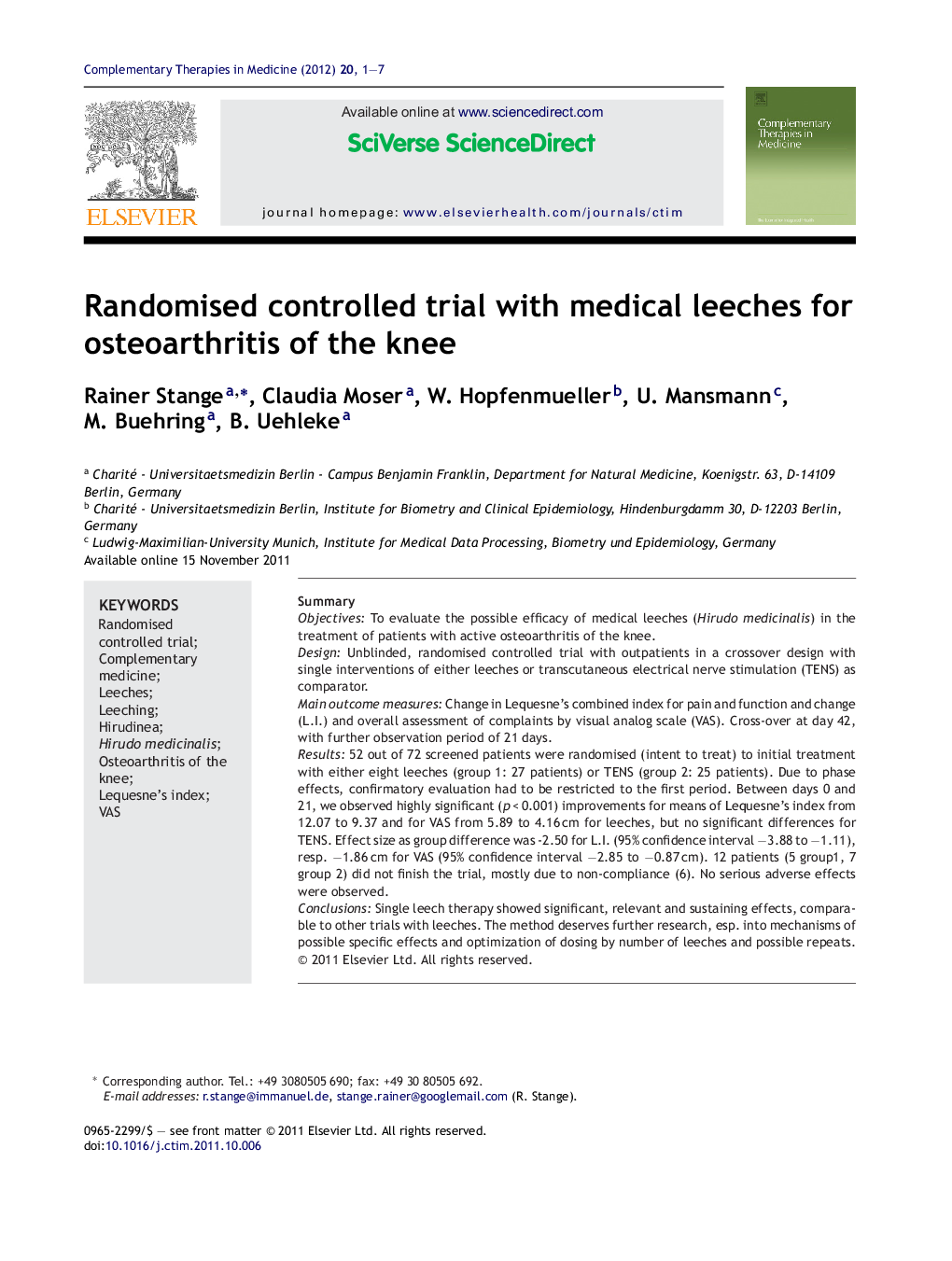 Randomised controlled trial with medical leeches for osteoarthritis of the knee