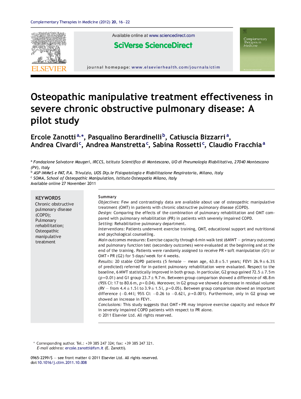 Osteopathic manipulative treatment effectiveness in severe chronic obstructive pulmonary disease: A pilot study