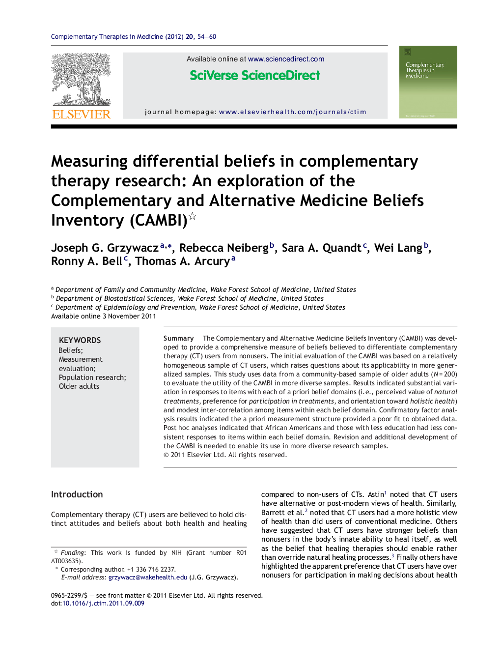 Measuring differential beliefs in complementary therapy research: An exploration of the Complementary and Alternative Medicine Beliefs Inventory (CAMBI) 