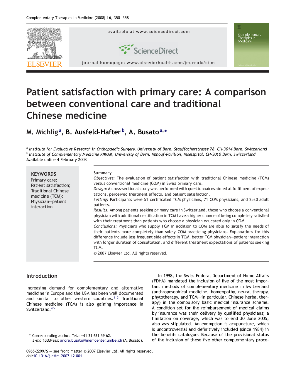 Patient satisfaction with primary care: A comparison between conventional care and traditional Chinese medicine