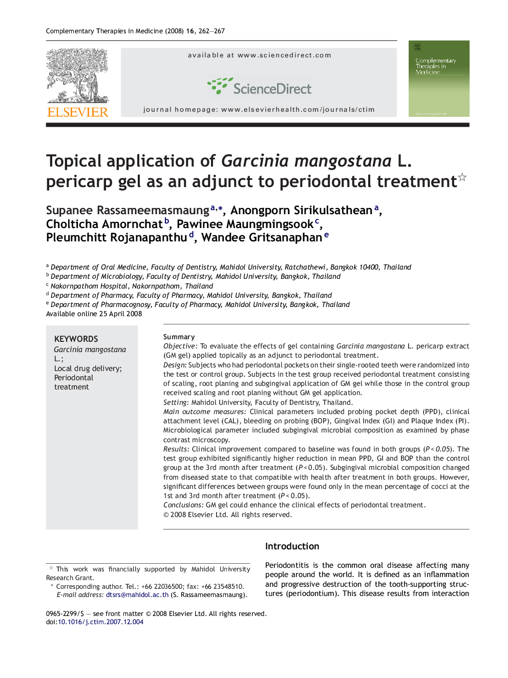 Topical application of Garcinia mangostana L. pericarp gel as an adjunct to periodontal treatment 