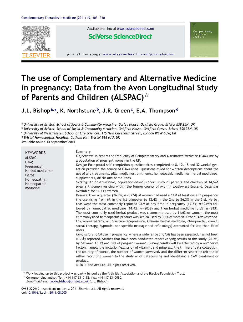 The use of Complementary and Alternative Medicine in pregnancy: Data from the Avon Longitudinal Study of Parents and Children (ALSPAC) 