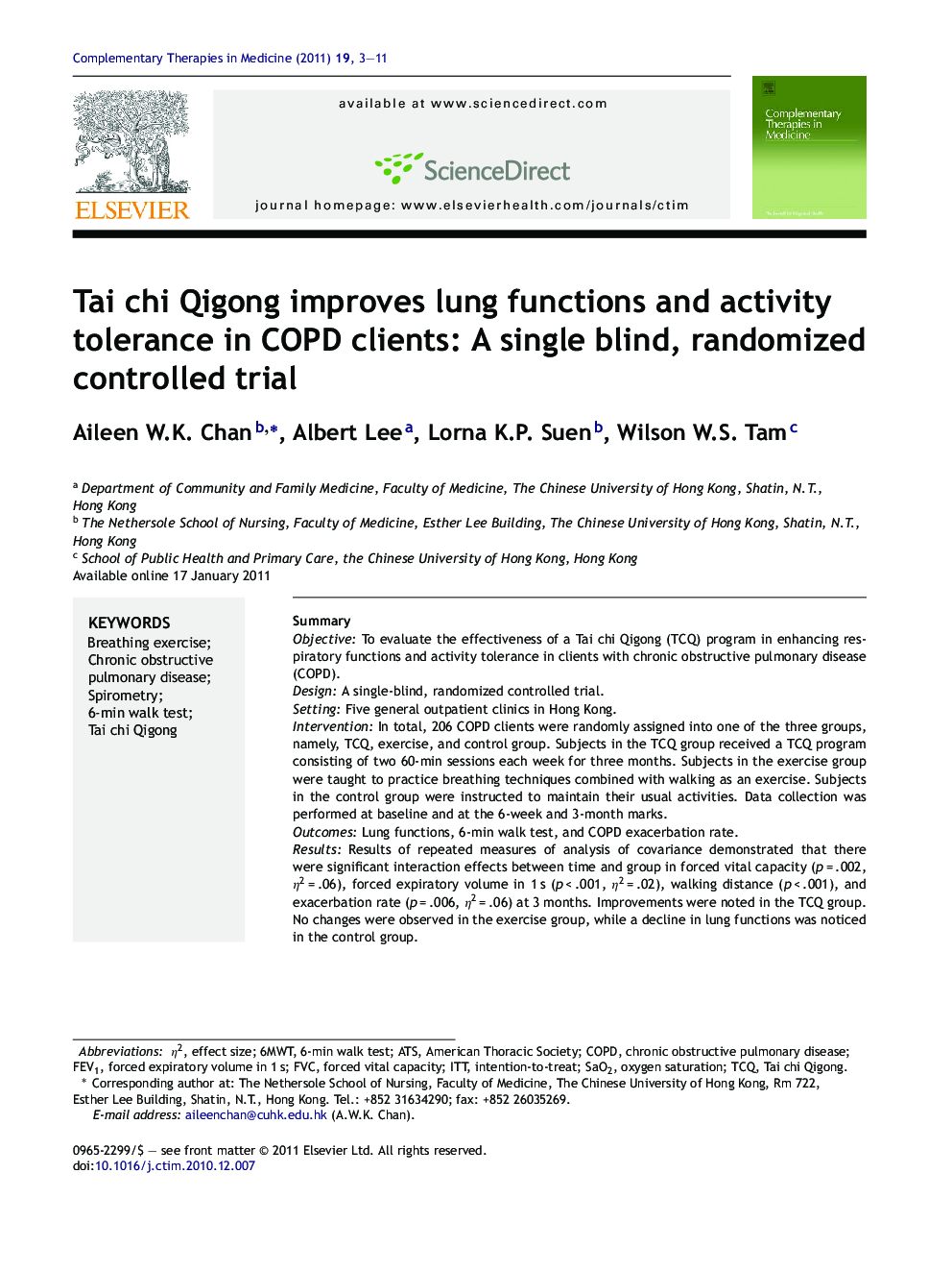 Tai chi Qigong improves lung functions and activity tolerance in COPD clients: A single blind, randomized controlled trial