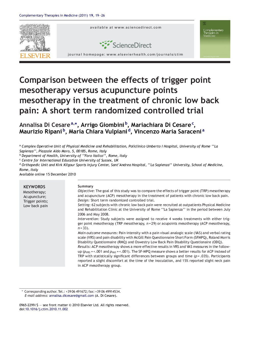 Comparison between the effects of trigger point mesotherapy versus acupuncture points mesotherapy in the treatment of chronic low back pain: A short term randomized controlled trial