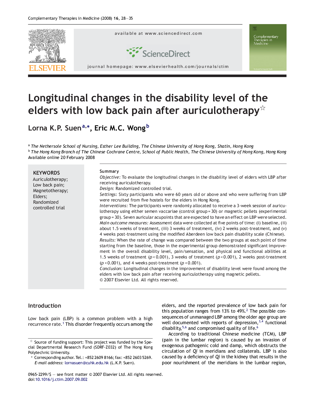 Longitudinal changes in the disability level of the elders with low back pain after auriculotherapy 