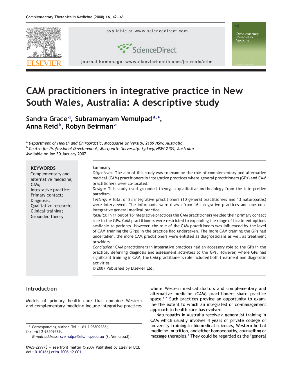 CAM practitioners in integrative practice in New South Wales, Australia: A descriptive study