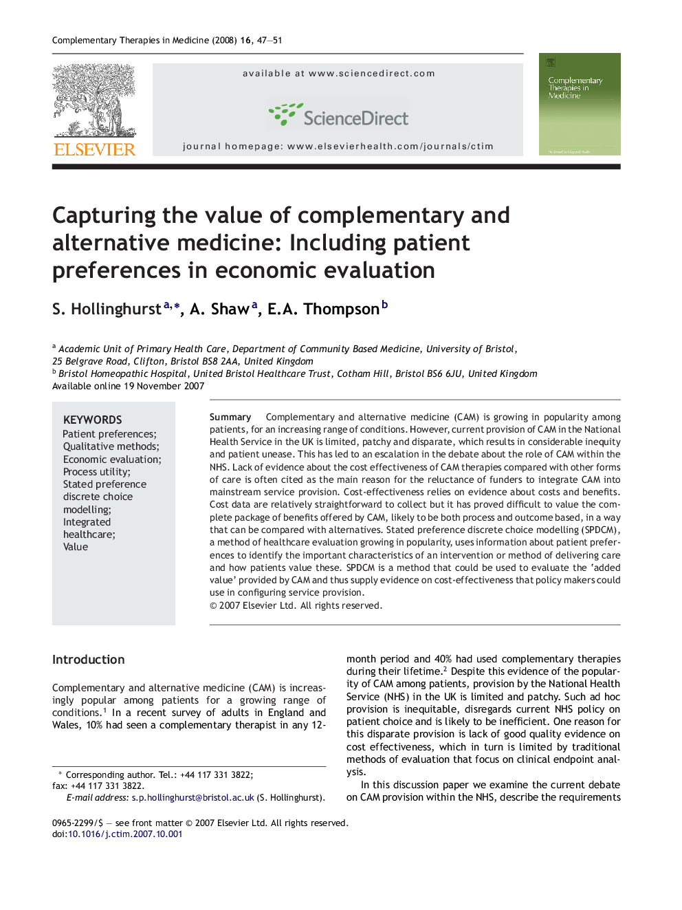 Capturing the value of complementary and alternative medicine: Including patient preferences in economic evaluation