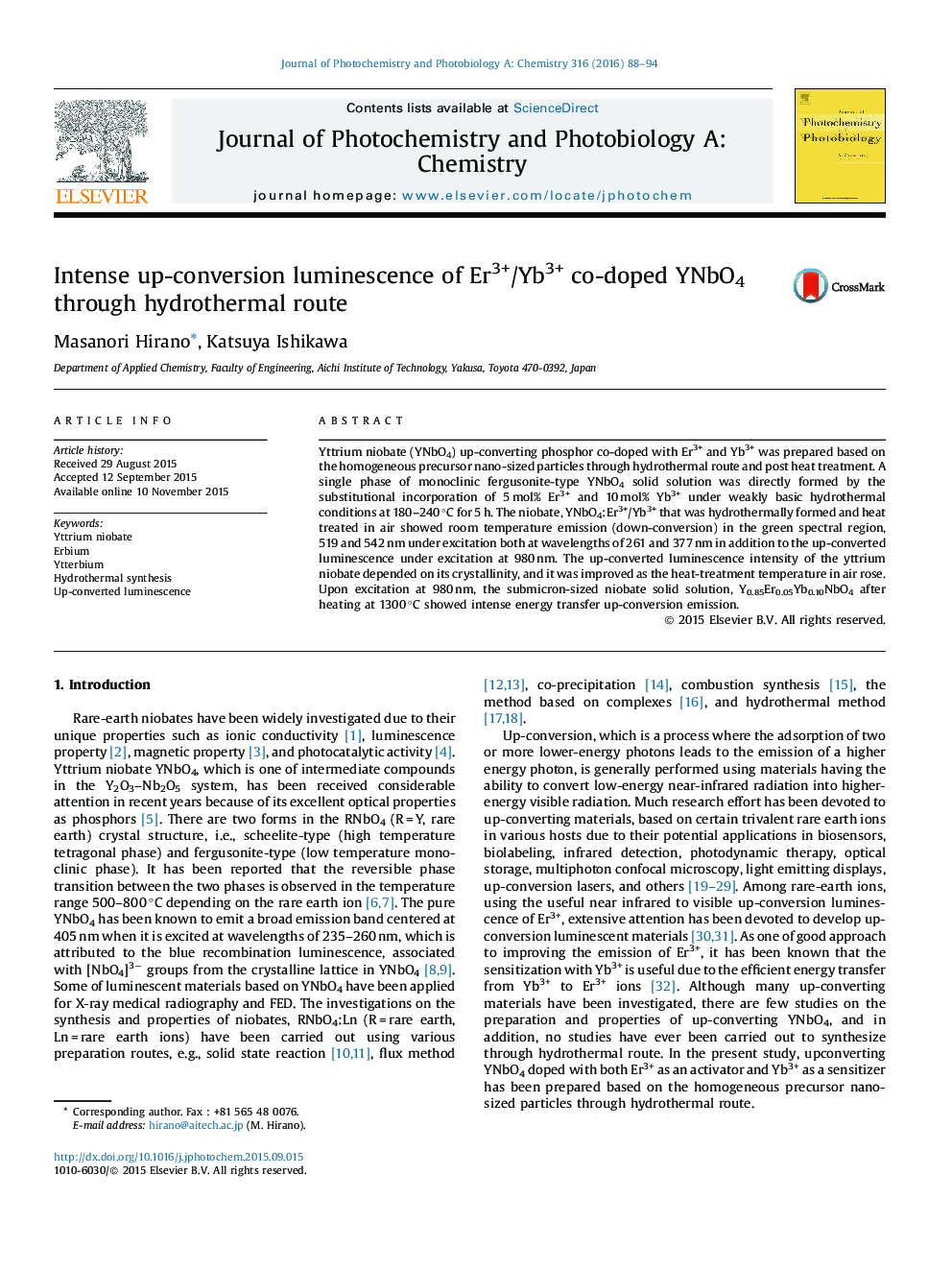 Intense up-conversion luminescence of Er3+/Yb3+ co-doped YNbO4 through hydrothermal route