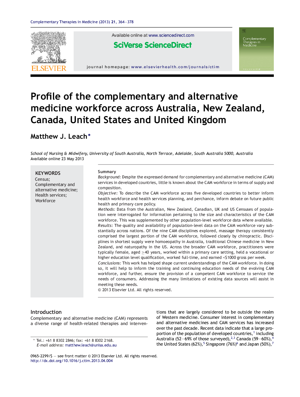 Profile of the complementary and alternative medicine workforce across Australia, New Zealand, Canada, United States and United Kingdom