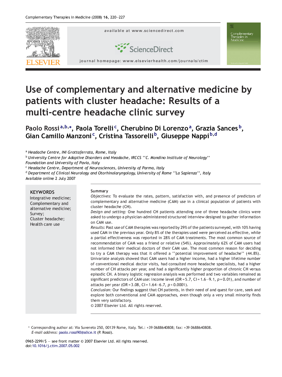 Use of complementary and alternative medicine by patients with cluster headache: Results of a multi-centre headache clinic survey