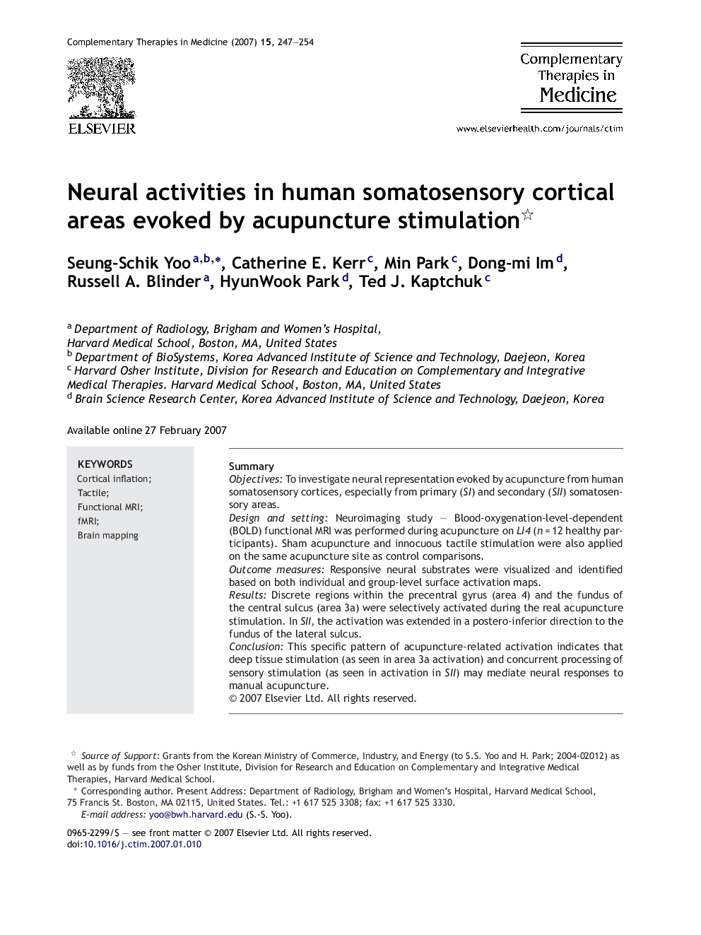 Neural activities in human somatosensory cortical areas evoked by acupuncture stimulation 