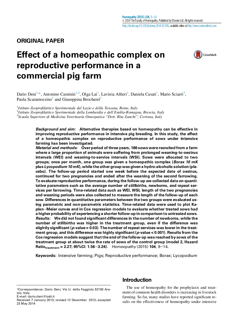 Effect of a homeopathic complex on reproductive performance in a commercial pig farm