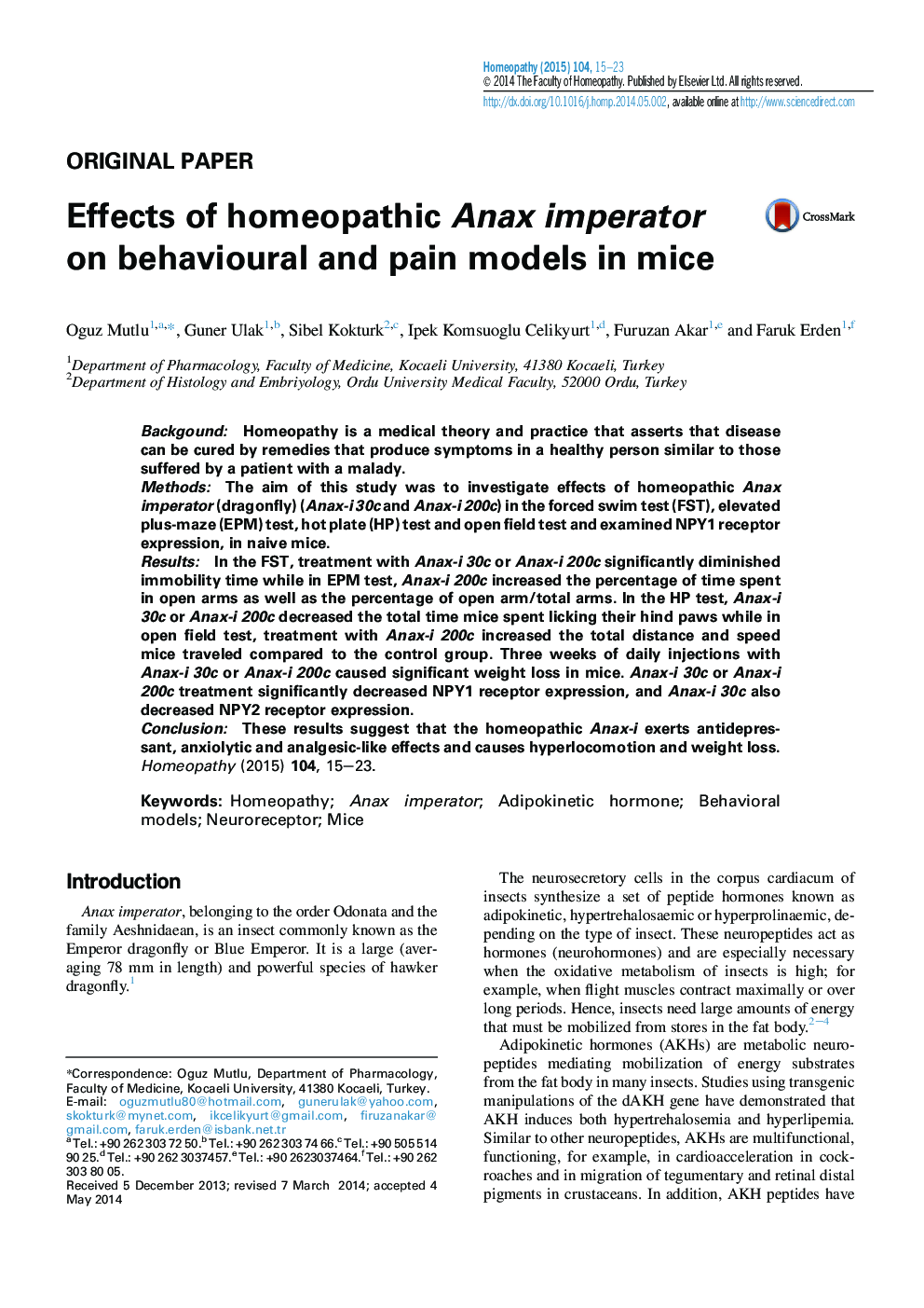 Effects of homeopathic Anax imperator on behavioural and pain models in mice