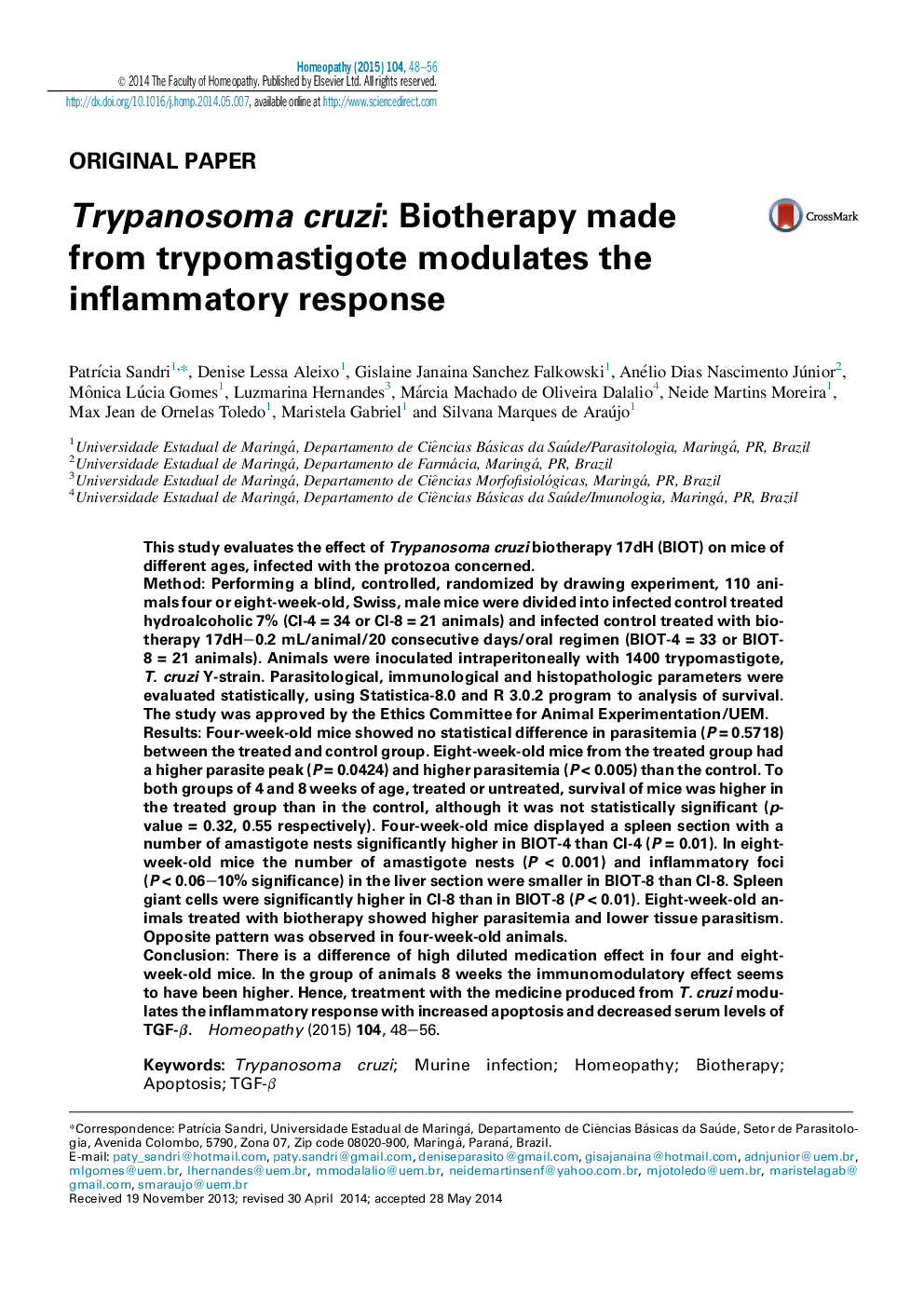 Trypanosoma cruzi: بیوتراپی ایجاد شده از trypomastigote واکنش التهابی را تعدیل می کند