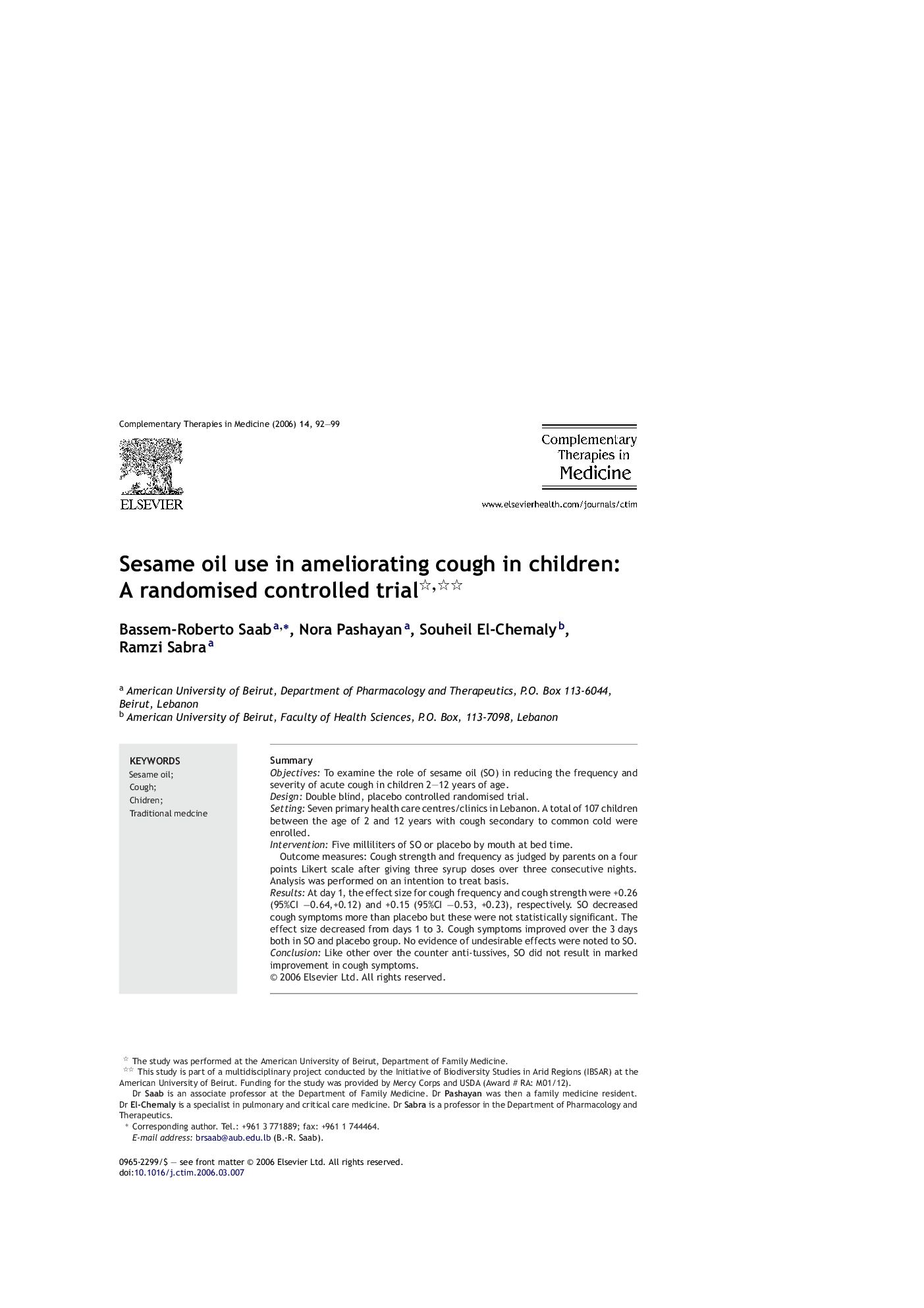 Sesame oil use in ameliorating cough in children: A randomised controlled trial 