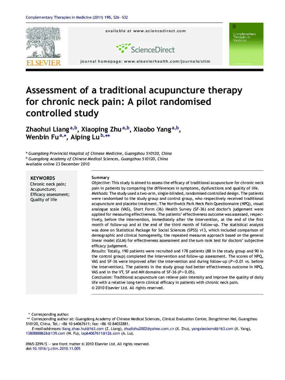 Assessment of a traditional acupuncture therapy for chronic neck pain: A pilot randomised controlled study