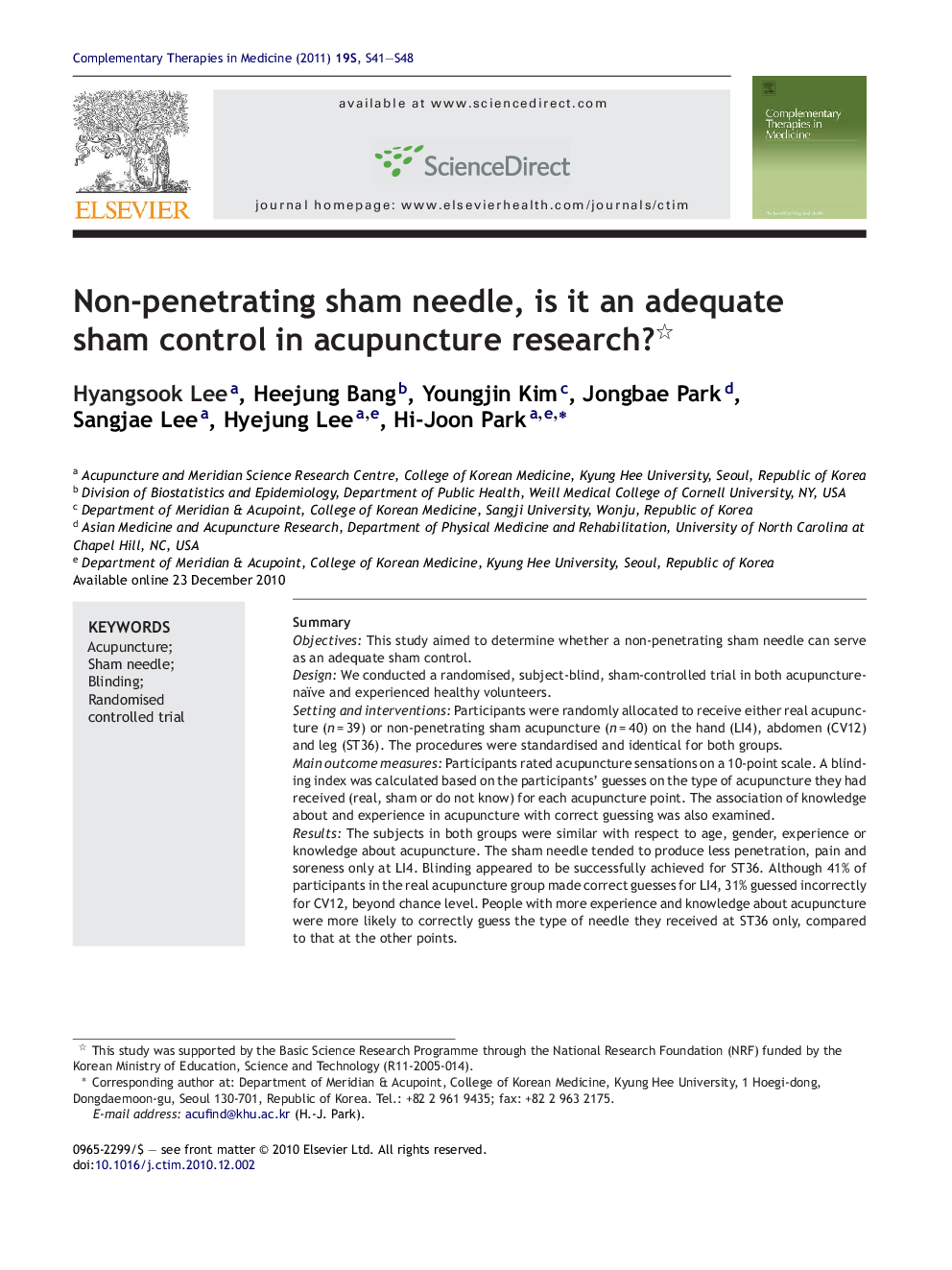 Non-penetrating sham needle, is it an adequate sham control in acupuncture research? 