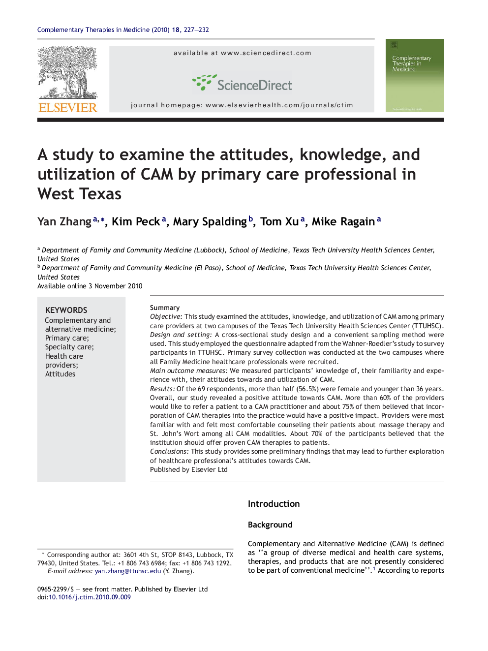 A study to examine the attitudes, knowledge, and utilization of CAM by primary care professional in West Texas