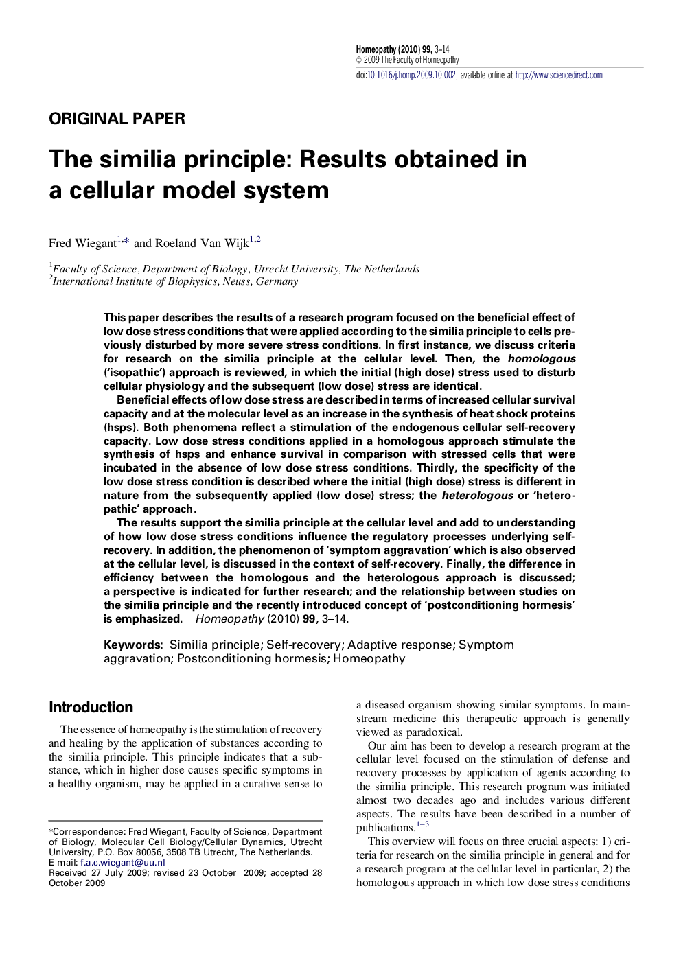 The similia principle: Results obtained in a cellular model system