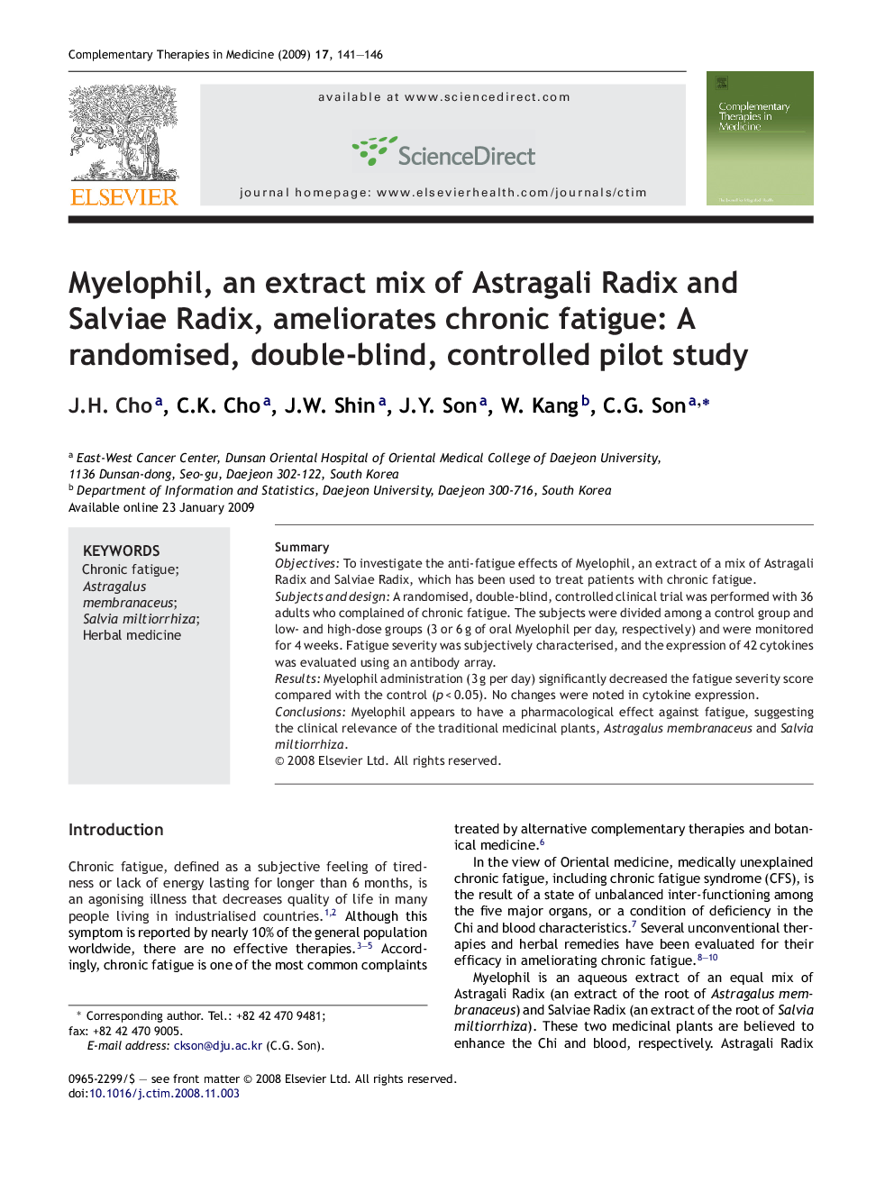 Myelophil, an extract mix of Astragali Radix and Salviae Radix, ameliorates chronic fatigue: A randomised, double-blind, controlled pilot study