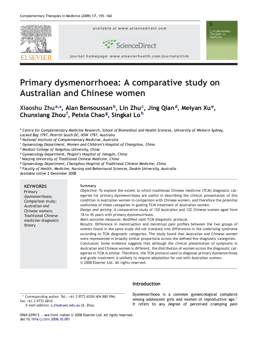 Primary dysmenorrhoea: A comparative study on Australian and Chinese women