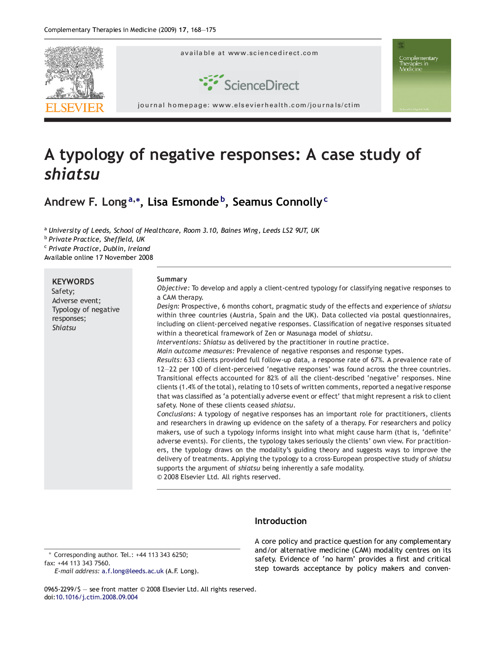 A typology of negative responses: A case study of shiatsu