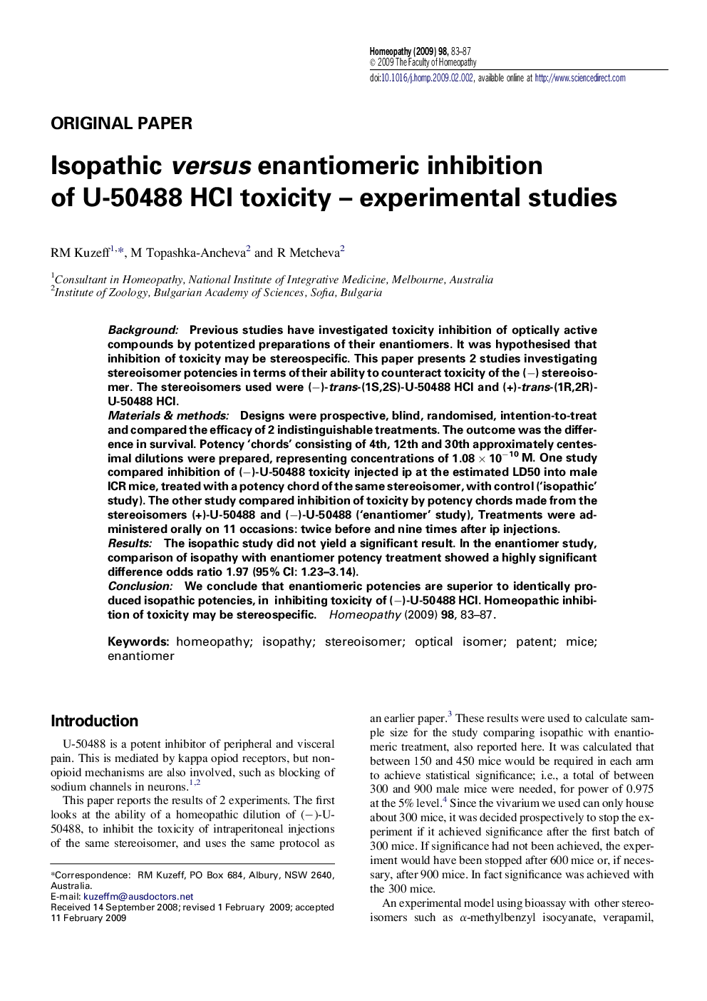 Isopathic versus enantiomeric inhibition of U-50488 HCl toxicity - experimental studies